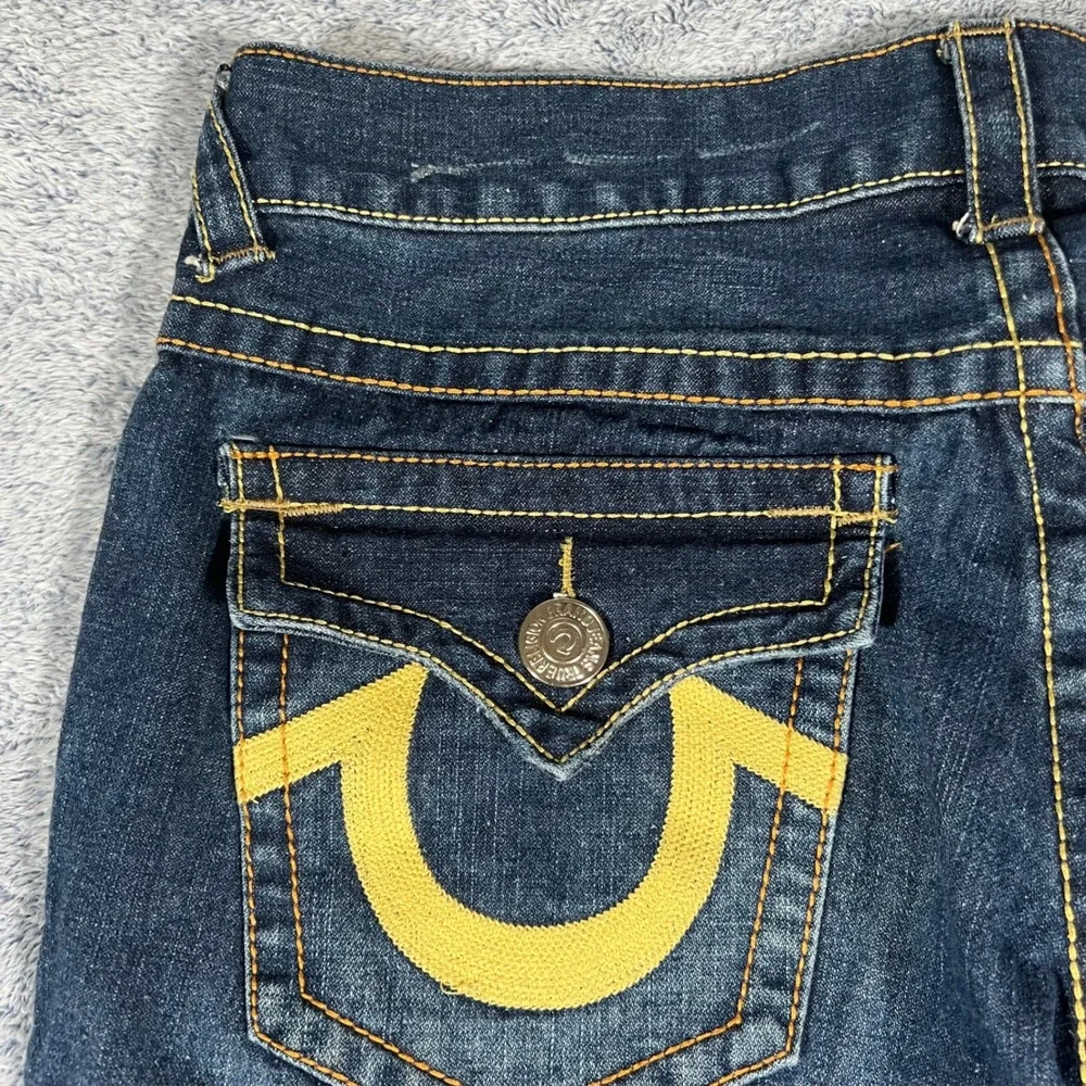 True Religion Billy Super T Dark Wash Straight Leg Jeans Men 34x33 Yellow Stitch
